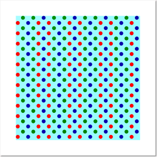 Christmas - Red, Green & Blue Polka Dots Pattern on Bright Blue Background Posters and Art